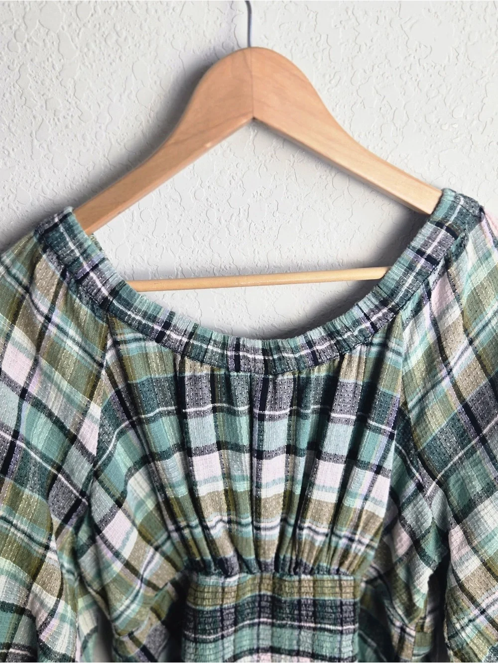 Free People Teagan Top L Teal Plaid Cotton Puff Sleeve Off Shoulder Peplum Boho